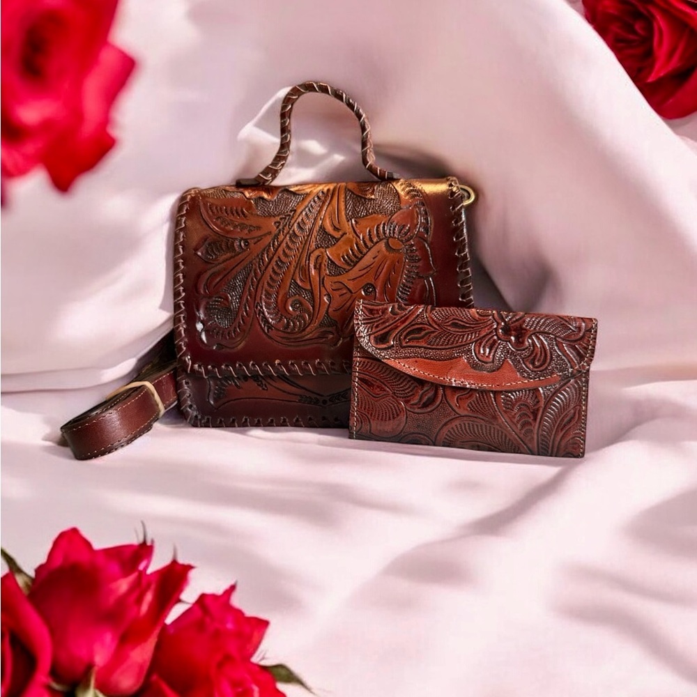 Leather Handmade Tooled Embossed Crossbody Handbag & Wallet Set New